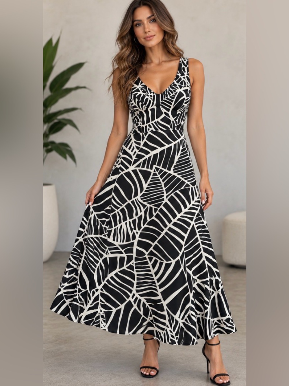 Vintage Zoey Beth Black White Tropical Leaf Maxi Dress Small Y2K